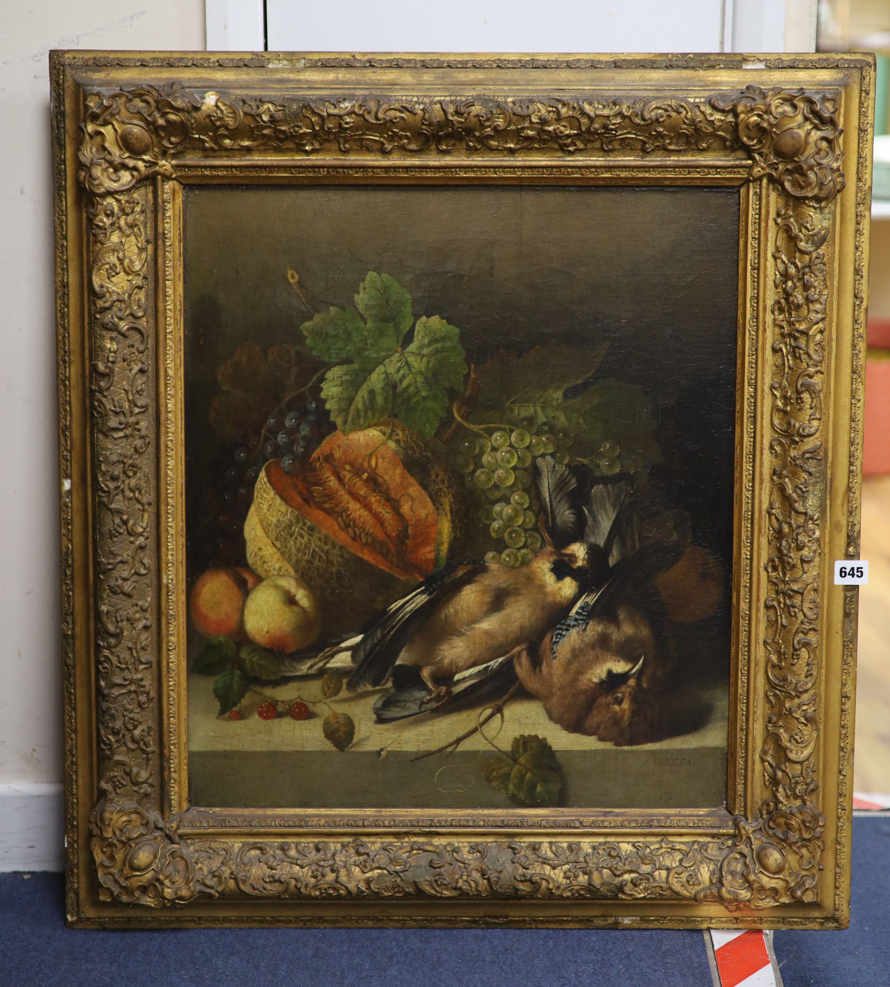 Max Correggio (German, 1854-1908), oil on canvas, still life of fruit with dead jays, bears signature, 57 x 50cm.